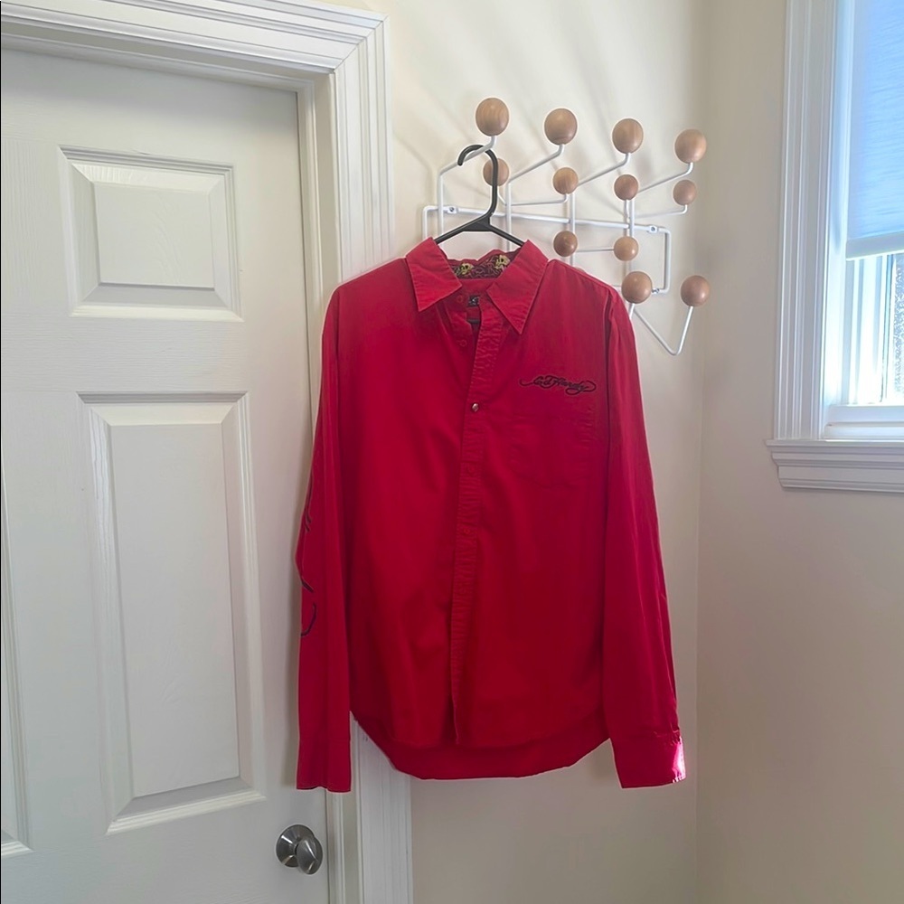 Ed Hardy - Vintage Y2K Button Down Long Sleeve Shirt Red L